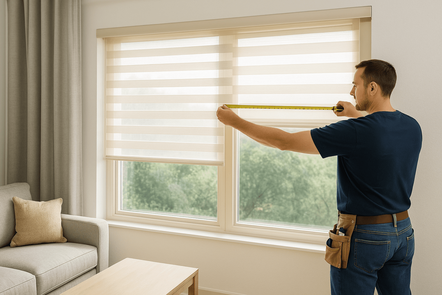 McGraths team member measuring a window for custom blinds in a Tarelton home